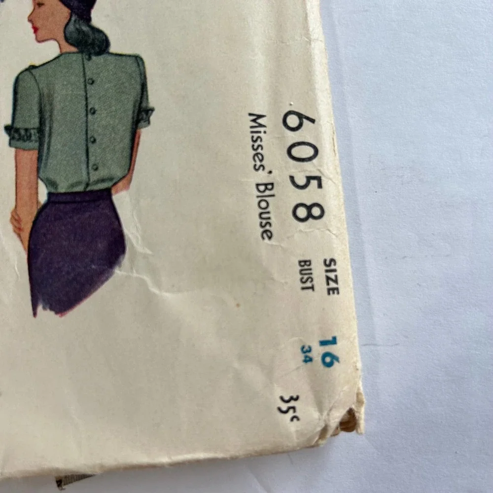 McCalls‎ Vintage 1940's Pattern #6058 Women's Ruffle Blouse Size 16
